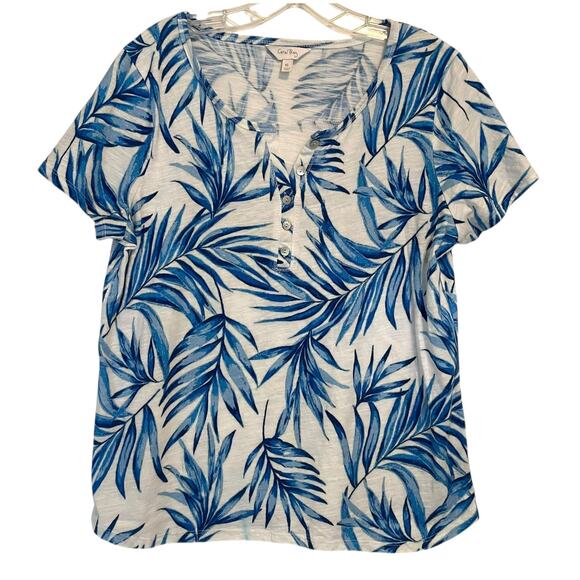 Coral Bay Tropical Knit Henley Top Womens XL White Blue Cotton Aloha Stretch Tee - Picture 1 of 7